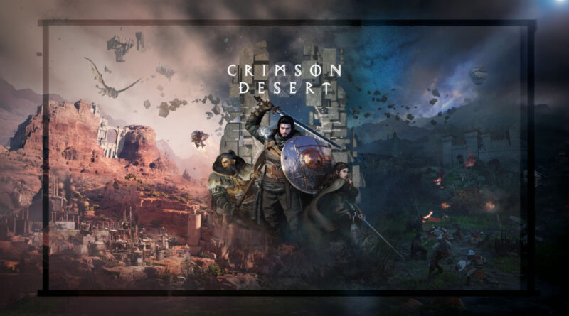 Fondo épico de Crimson Desert con personajes y paisajes desérticos, resaltando detalles en tonos marrones y azules.