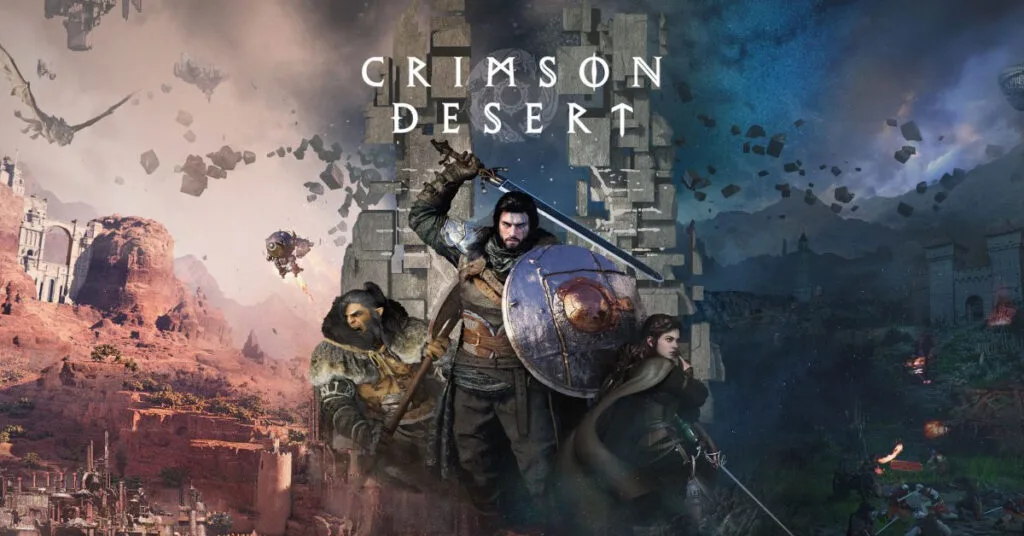 Personajes de Crimson Desert en un paisaje épico, con tonos de rojo y azul, ruinas al fondo y acción en primer plano.