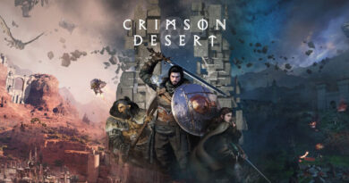 Personajes de Crimson Desert en un paisaje épico, con tonos de rojo y azul, ruinas al fondo y acción en primer plano.
