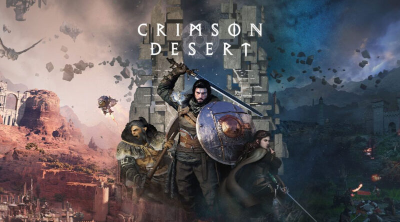 Personajes de Crimson Desert en un paisaje épico, con tonos de rojo y azul, ruinas al fondo y acción en primer plano.