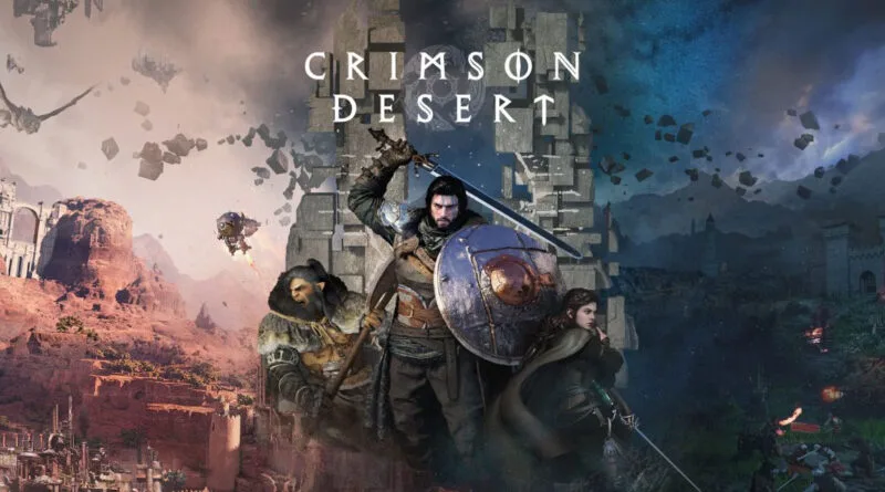 Personajes de Crimson Desert en un paisaje épico, con tonos de rojo y azul, ruinas al fondo y acción en primer plano.