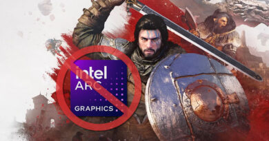 Personaje de videojuego con espada y escudo, sobre un fondo de batalla, con el logo de Intel Arc tachado en el centro.