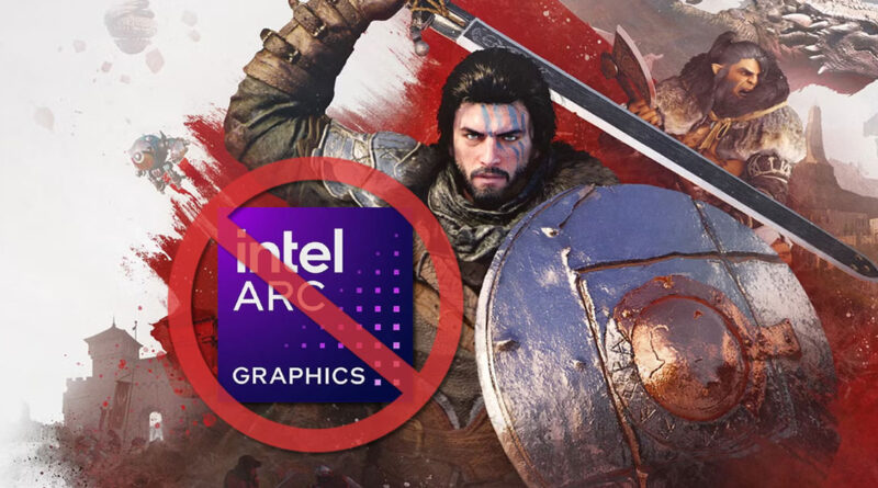 Personaje de videojuego con espada y escudo, sobre un fondo de batalla, con el logo de Intel Arc tachado en el centro.