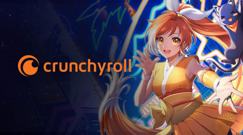 Personaje de estilo anime con cabello naranja y orejas de zorro, en un fondo oscuro y vibrante, junto al logotipo de Crunchyroll.