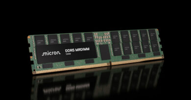 Módulo de memoria RAM DDR5 de Micron, con un diseño en verde y negro, visible sobre fondo negro.