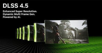 Visualización de DLSS 4.5 con varias capturas de pantalla que muestran mejoras gráficas, junto a un fondo negro y verde con un diseño moderno.