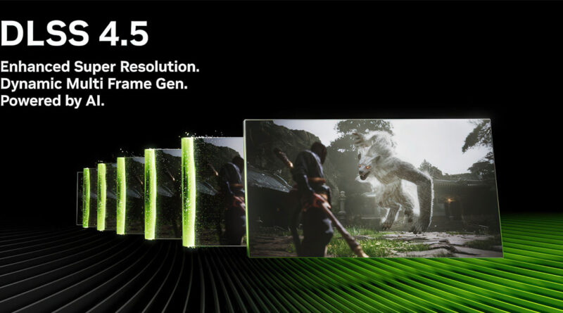 Visualización de DLSS 4.5 con varias capturas de pantalla que muestran mejoras gráficas, junto a un fondo negro y verde con un diseño moderno.