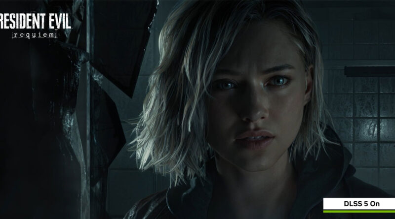 Mujer con cabello corto y rubio, mirando intensamente. Fondo oscuro y tenue que sugiere un ambiente inquietante. DLSS 5 activado.