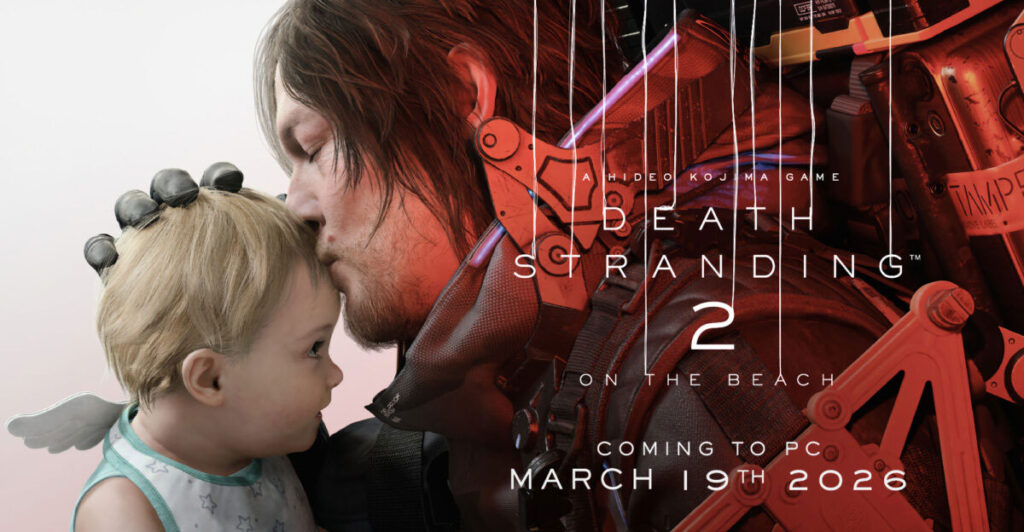 Hombre con cabello oscuro besa la frente de un bebé rubio con alas, fondo en tonos oscuros y detalles futuristas en rojo.