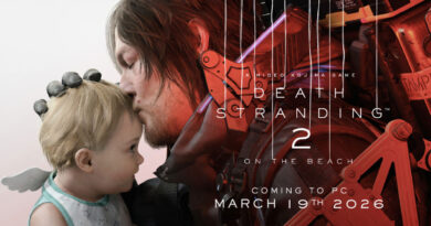 Hombre con cabello oscuro besa la frente de un bebé rubio con alas, fondo en tonos oscuros y detalles futuristas en rojo.