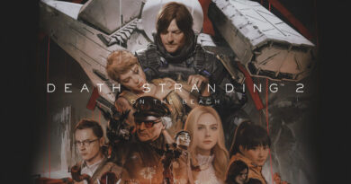 Personajes de Death Stranding 2 en un fondo oscuro con luces y elementos futuristas, destacando sus expresiones y posturas.