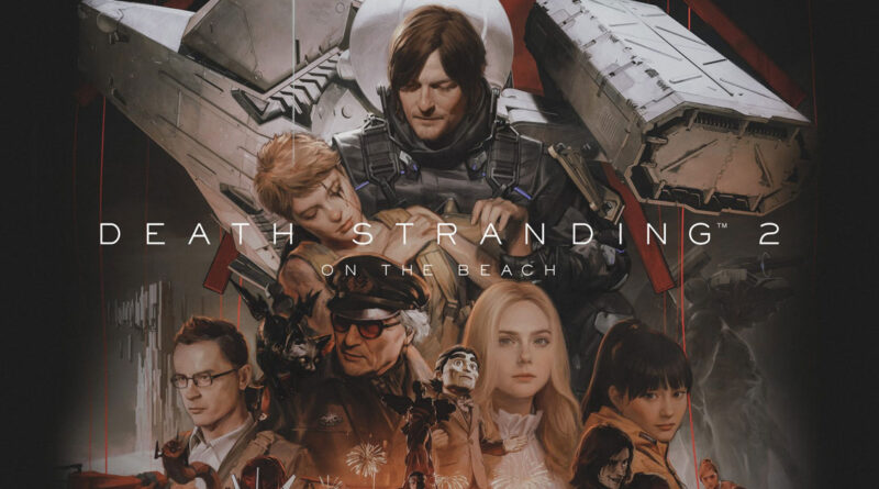 Personajes de Death Stranding 2 en un fondo oscuro con luces y elementos futuristas, destacando sus expresiones y posturas.