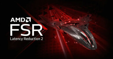 Fondo negro con un diseño futurista de un vehículo estilizado en tonos grises y rojos, acompañado del texto "AMD FSR Latency Reduction 2".