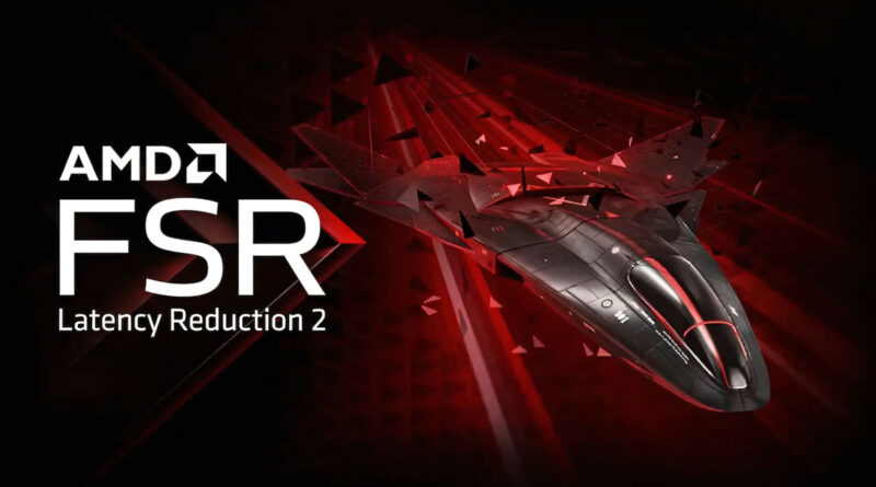 Fondo negro con un diseño futurista de un vehículo estilizado en tonos grises y rojos, acompañado del texto "AMD FSR Latency Reduction 2".