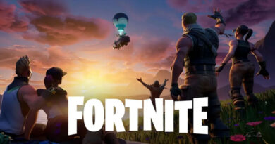 Personajes de Fortnite observan un atardecer mientras un globo de suministro desciende en un paisaje colorido y vibrante.