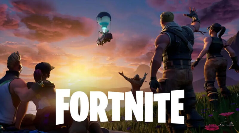 Personajes de Fortnite observan un atardecer mientras un globo de suministro desciende en un paisaje colorido y vibrante.