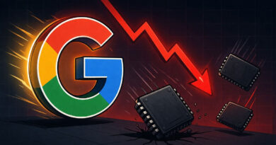 Logotipo de Google con un gráfico descendente de color rojo, junto a chips de memoria en caída sobre un fondo oscuro.
