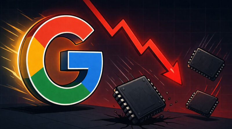 Logotipo de Google con un gráfico descendente de color rojo, junto a chips de memoria en caída sobre un fondo oscuro.