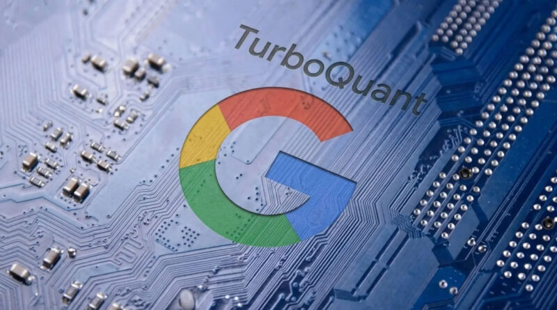 Fondo azul de placa base con el logo de Google en colores rojo, amarillo, verde y azul, junto al texto "TurboQuant".
