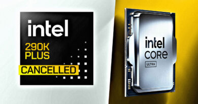 Logo de Intel en negro y blanco junto a un procesador en color plata. Texto en amarillo indica "CANCELLED" sobre un fondo amarillo.