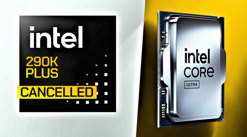 Logo de Intel en negro y blanco junto a un procesador en color plata. Texto en amarillo indica "CANCELLED" sobre un fondo amarillo.