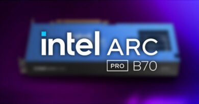 Tarjeta gráfica Intel Arc Pro B70 con un diseño azul y logotipo destacado, sobre un fondo morado.