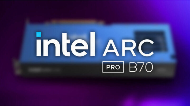 Tarjeta gráfica Intel Arc Pro B70 con un diseño azul y logotipo destacado, sobre un fondo morado.