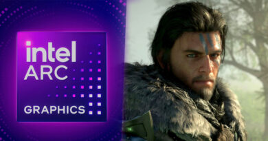 Fondo morado con el logo de Intel Arc y un personaje masculino con melena y tatuaje facial, vestido con pieles en un entorno natural.