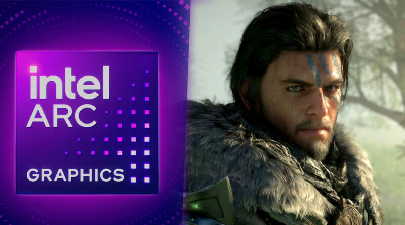 Fondo morado con el logo de Intel Arc y un personaje masculino con melena y tatuaje facial, vestido con pieles en un entorno natural.