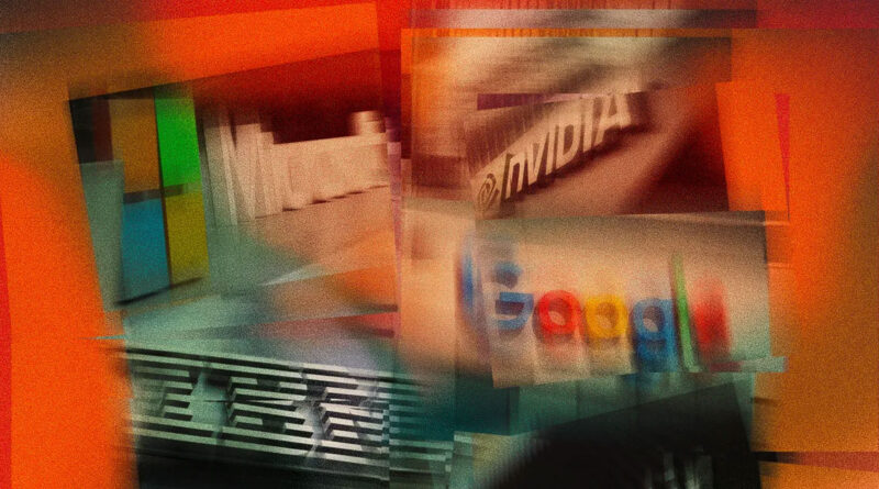 Collage borroso de logotipos tecnológicos: Google, NVIDIA, IBM, Microsoft; tonos naranja y verde, con desenfoque y textura granulada.