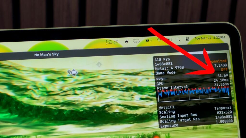 Captura de pantalla de "No Man's Sky" mostrando estadísticas de rendimiento, con gráficos y datos sobre FPS y uso de GPU en un fondo verde.