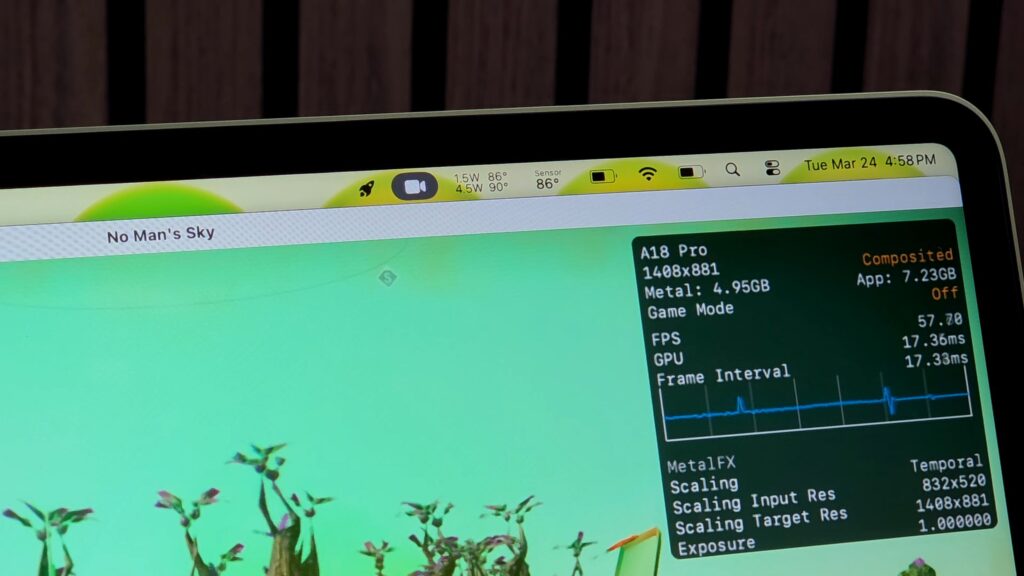 Pantalla de juego "No Man's Sky" mostrando estadísticas de rendimiento: resolución 1440p, tasa de FPS, y detalles de GPU en tonos verdes.