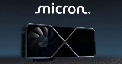 Tarjeta gráfica de Micron con diseño moderno y ventilador visible, sobre fondo oscuro con el logo de la marca en la parte superior.