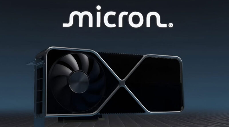 Tarjeta gráfica de Micron con diseño moderno y ventilador visible, sobre fondo oscuro con el logo de la marca en la parte superior.