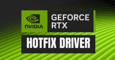 Fondo verde con líneas diagonales y logotipo de NVIDIA, texto que destaca "GeForce RTX" y "Hotfix Driver" en negro y blanco.