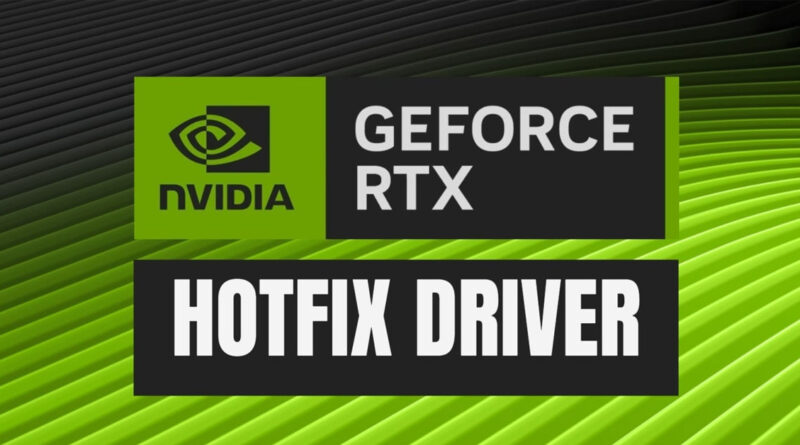 Fondo verde con líneas diagonales y logotipo de NVIDIA, texto que destaca "GeForce RTX" y "Hotfix Driver" en negro y blanco.