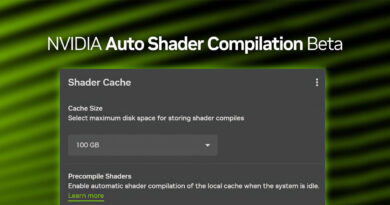 Panel de ajustes oscuro "Shader Cache" mostrando tamaño de caché 100 GB y opción "Precompile Shaders", sobre fondo verde con rayas diagonales.
