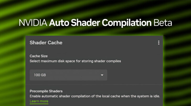 Panel de ajustes oscuro "Shader Cache" mostrando tamaño de caché 100 GB y opción "Precompile Shaders", sobre fondo verde con rayas diagonales.
