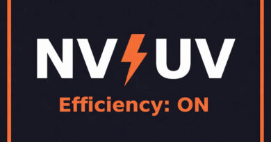 Texto en blanco y naranja sobre un fondo negro, con el logo "NV-UV" y la palabra "Efficiency: ON" resaltando el tema de eficiencia energética.