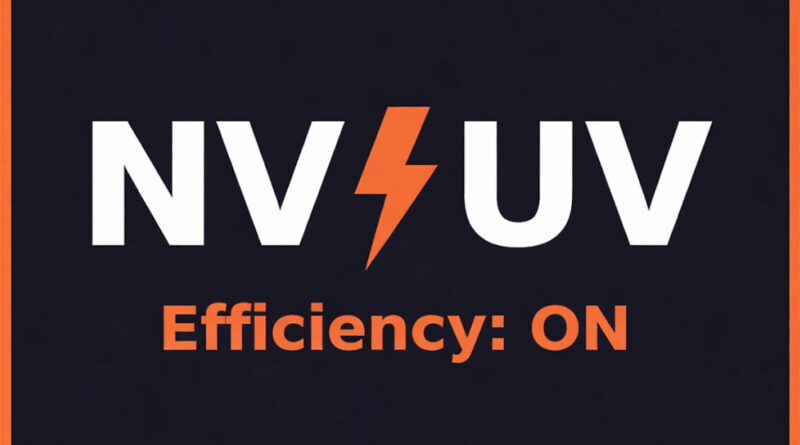 Texto en blanco y naranja sobre un fondo negro, con el logo "NV-UV" y la palabra "Efficiency: ON" resaltando el tema de eficiencia energética.