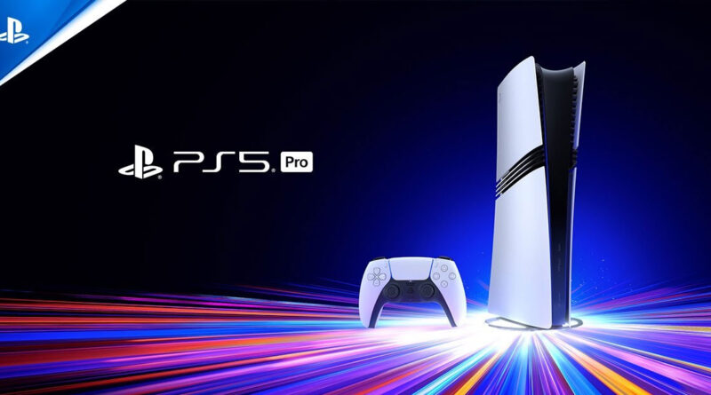 Consola PlayStation 5 y controlador, con fondo dinámico de colores brillantes que resaltan el diseño moderno del dispositivo.