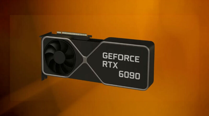 Tarjeta gráfica GeForce RTX 6090 en un fondo naranja, con diseño moderno, logo prominente y ventilador visible.