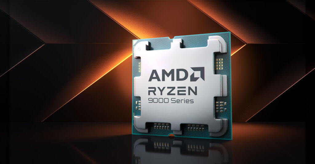 Procesador AMD Ryzen 5 9600X en un fondo de tonos naranja y negro, destacando su diseño y logotipo de la serie 9000.