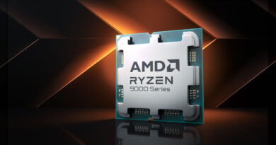 Procesador AMD Ryzen 5 9600X en un fondo de tonos naranja y negro, destacando su diseño y logotipo de la serie 9000.