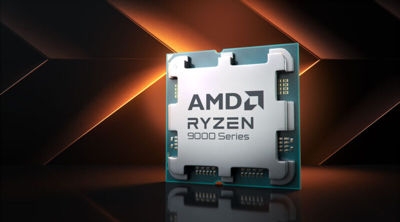Procesador AMD Ryzen 5 9600X en un fondo de tonos naranja y negro, destacando su diseño y logotipo de la serie 9000.