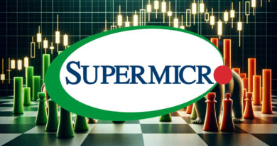 Logo de Supermicro en primer plano, con un fondo de gráficos de datos y piezas de ajedrez en colores vibrantes.