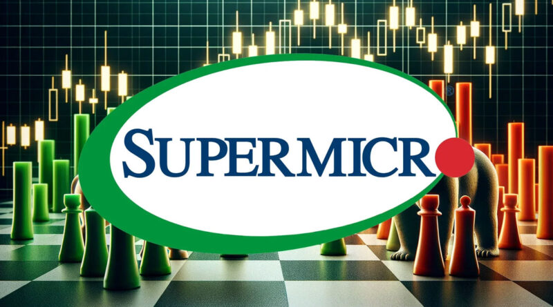 Logo de Supermicro en primer plano, con un fondo de gráficos de datos y piezas de ajedrez en colores vibrantes.