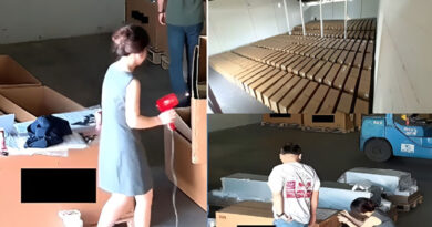 Varias personas en un almacén, organizando cajas. Una mujer sostiene un secador, mientras otros trabajan en el fondo junto a palets.