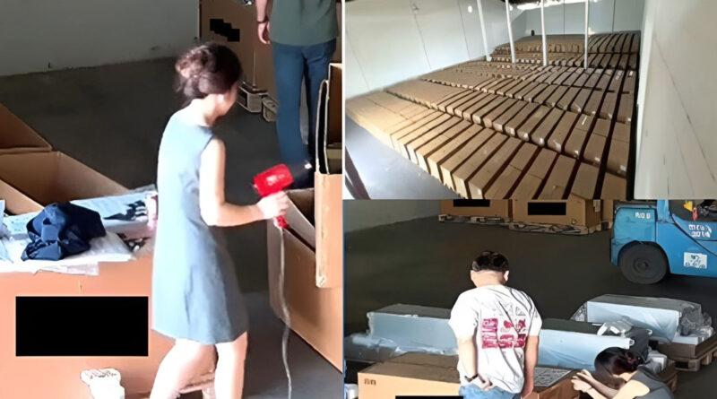 Varias personas en un almacén, organizando cajas. Una mujer sostiene un secador, mientras otros trabajan en el fondo junto a palets.