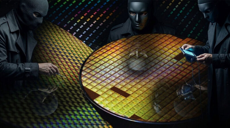 Dos figuras encapuchadas rodean una mesa con obleas de semiconductores brillantes, en un entorno oscuro y tecnológico.